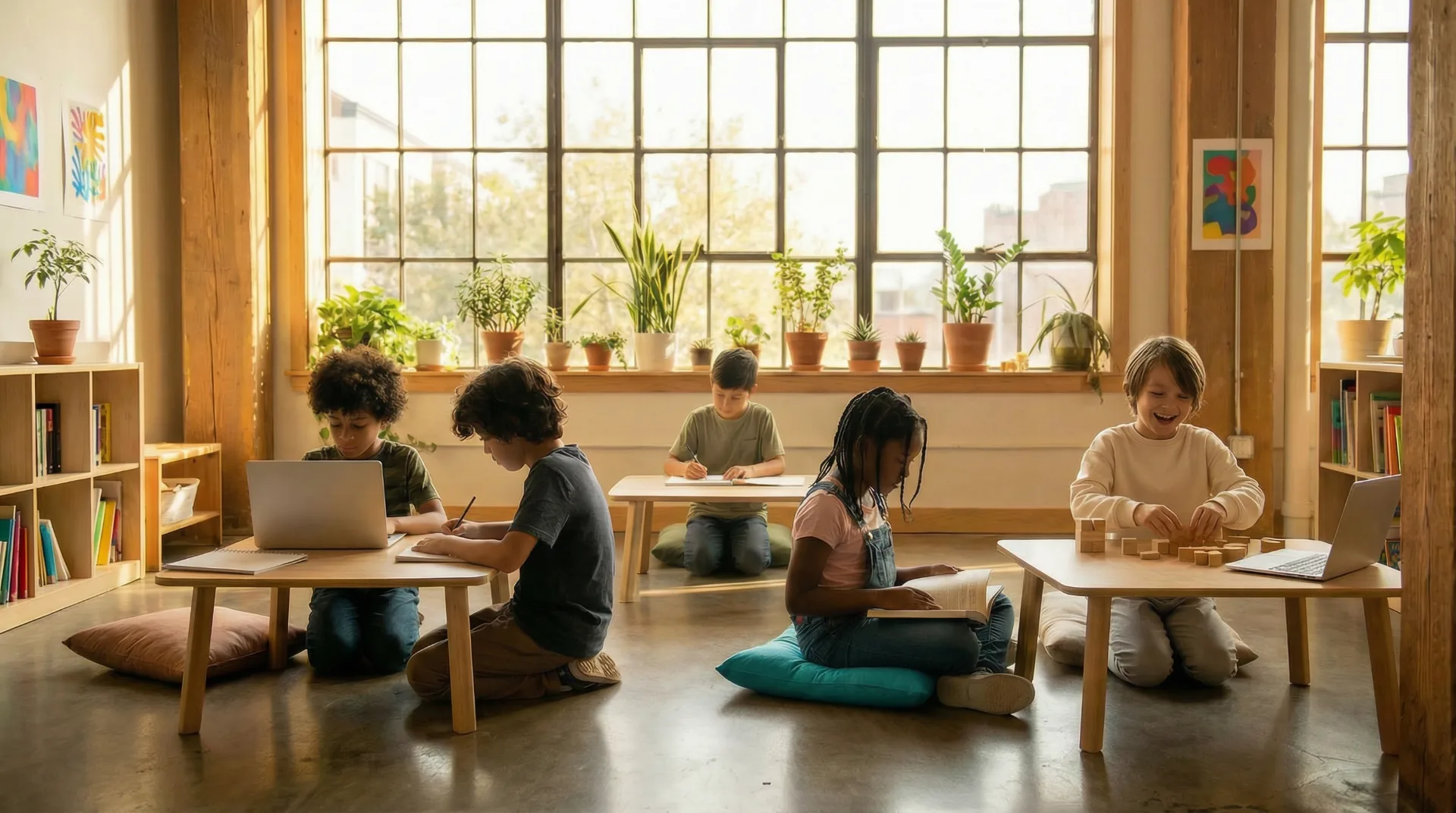 Children working independently in a bright open learning space